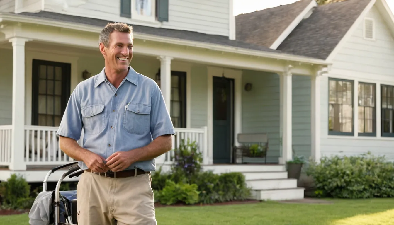 A friendly provider talking with a homeowner at the front door of a frame house in Burlington